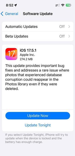 iOS 17.5.1 修复了导致已删除照片重新出现在照片中的错误